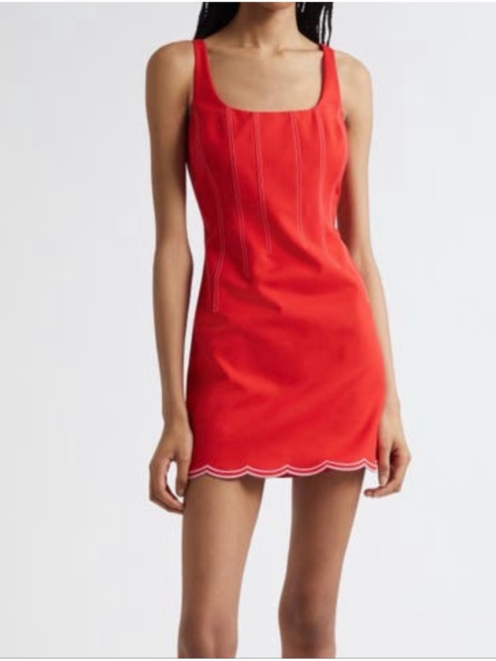 Ramy Brook Vibrant Red Square-Neck Scallop-Hem Mini Dress